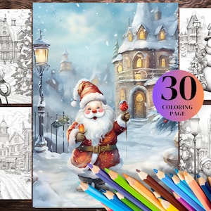 30  Christmas Coloring Page for Adults Bundle  Kids Making a Snowman , Winter Nice Little Town , Cozy Snowy Scene , Printable Instant.