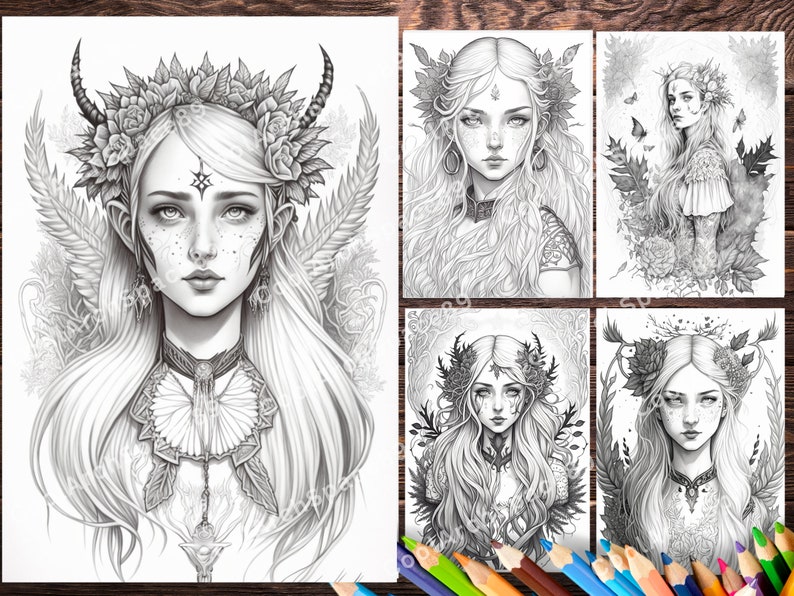 20 Girl Druid Magical Whimsical Coloring Pages for Adults, A Fantasy ...