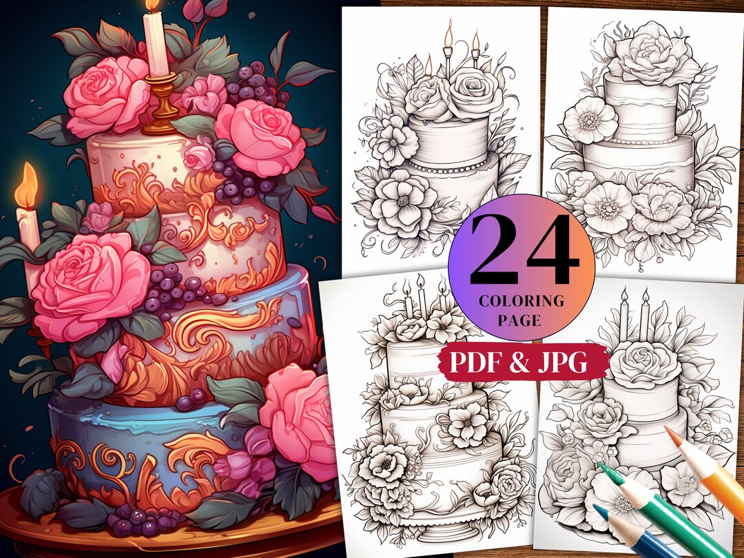 24 Cakes Coloring Book, Adults Kids Instant Download grayscale Coloring Book Printable PDF & JPG ...