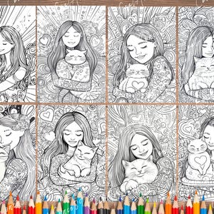 35 Girl Hugging White Cat Coloring Page – Intricate and Whimsical ...