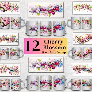 12 Cherry Blossom Mug Png, Floral Coffee Mug Sublimation, Earthy Boho Flower Border Mug Wrap, Mug Press Sublimation Design, Digital Download