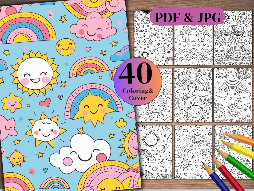 40 Rainbow Sun Doodle Printable Coloring Pages A4 Size PDF JPG Files 40 Rainbow Sun Doodle Printable Coloring Pages A4 Size PDF JPG Files