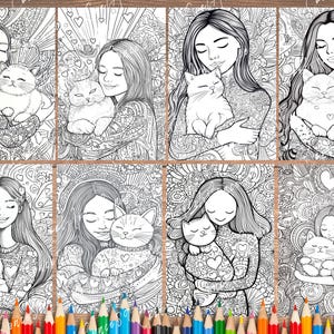 35 Girl Hugging White Cat Coloring Page – Intricate and Whimsical ...