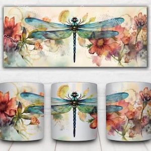 13 Dragonfly Flowers Mug Wrap PNG 11oz, Floral Dragonfly Mug Design, Digital Download Cup Wrap, Nature Coffee Mug Sublimation File