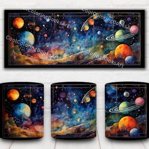 May include: A black coffee mug with a watercolor design of a galaxy with planets and stars. The design is in shades of blue, purple, orange, and yellow.