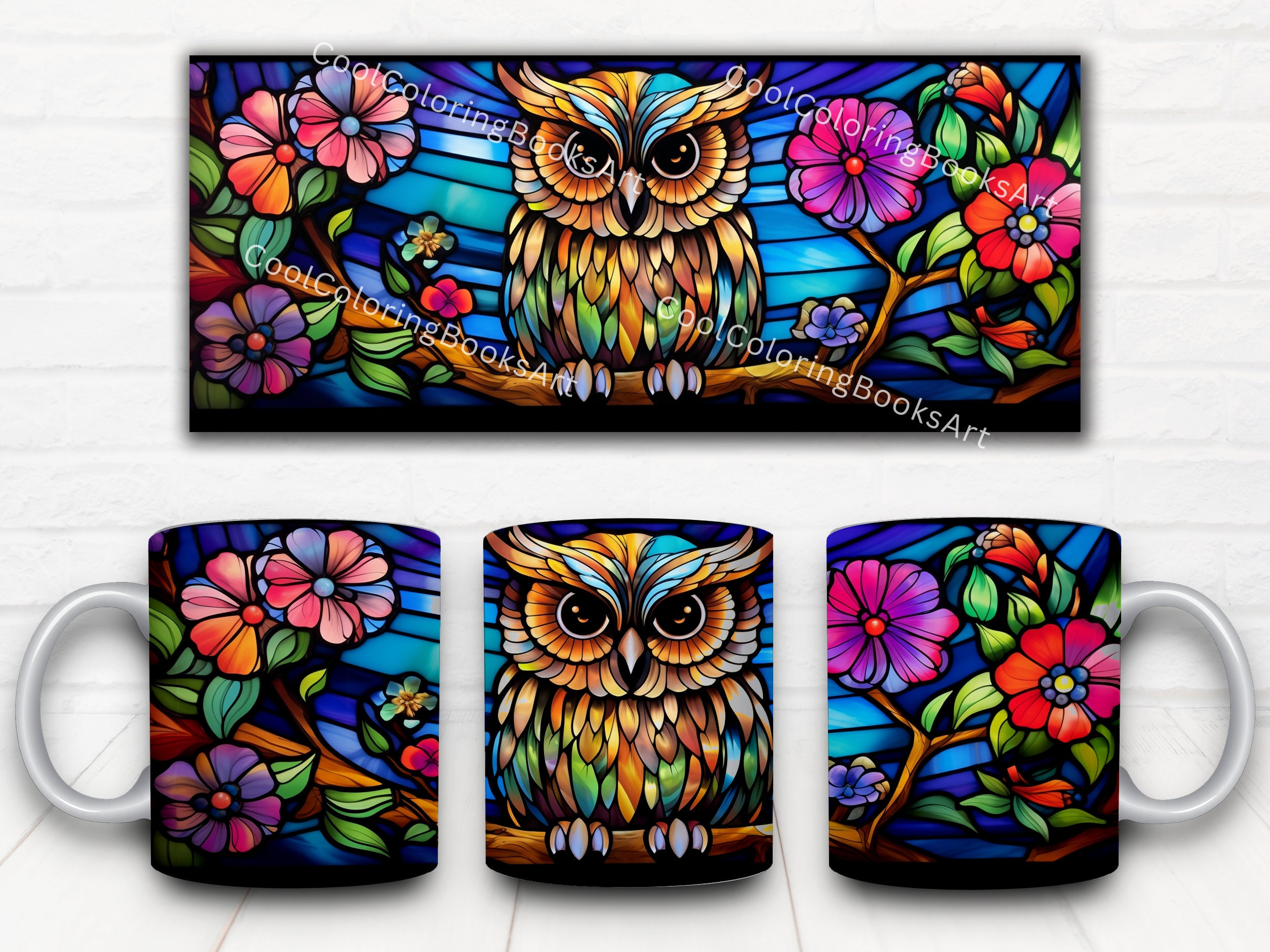 Stained Glass Owl Mug 13 PNG Wrap ,  Designs Bird Mug Background Instant Download PNG.