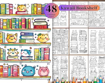 May include: A coloring book with 48 pages featuring a kawaii bookshelf with cats and books. The cover shows a bookshelf with cats sitting on and around the books. The title of the book is "Kawaii Bookshelf".