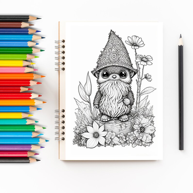 19 Enchanted Gnome Grayscale Coloring Pages JPEG/PDF Instant - Etsy