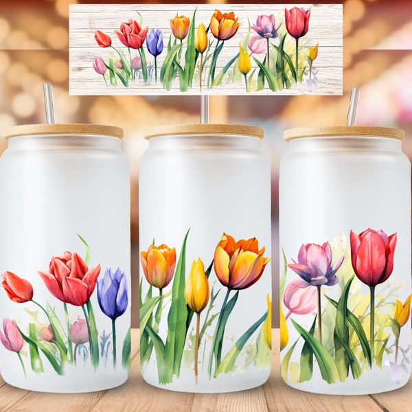 7 PNG  Watercolor Tulips 16oz Libbey Glass Can Wrap Tumbler Sublimation Design, 16oz Glass Can Wrap PNG.