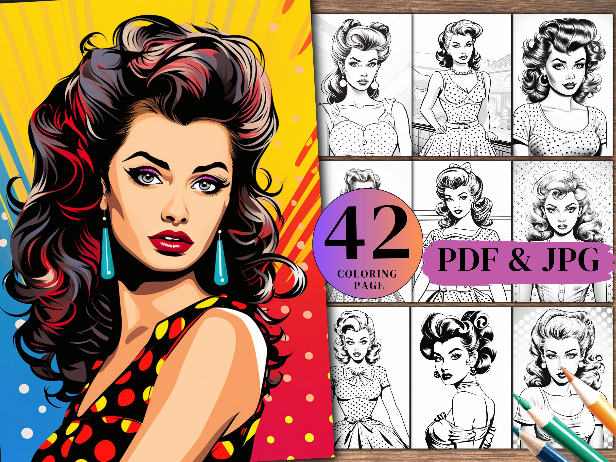 42 Rockabilly Retro Girl Coloring ,adults and Kids, Grayscale Coloring Pages, Instant Download ...