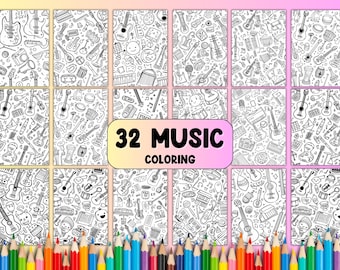 May include: A set of 32 black and white coloring pages featuring musical instruments, notes, and other music-related objects. The title "32 Music Coloring" is at the top of the image.