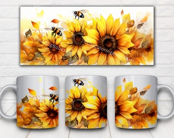 Sunflower Bee Watercolor Mug Wrap: 11oz Sublimation Design (PNG)