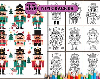 May include: A coloring book with 35 pages featuring nutcracker illustrations. The cover features a colorful nutcracker with a red hat and a green coat. The title of the book is "35 Nutcracker Coloring Cover".