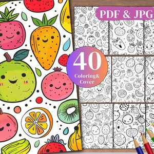 40 Fruits Doodle coloring books, A4 Size PDF & JPG Files ,Digital Downloads.