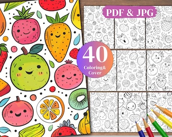 40 Fruits Doodle coloring books, A4 Size PDF & JPG Files ,Digital Downloads.