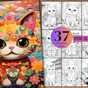37 Kawaii Cat Coloring Book, Cute Cat Coloring Pages, Adorable Kawaii Kitty Printables, Digital Cat Coloring, Fun Cat for Kids Adults.