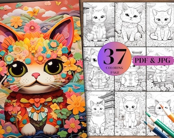 Kawaii Kitty Coloring Book, 37 Cat Pages (PDF & JPG