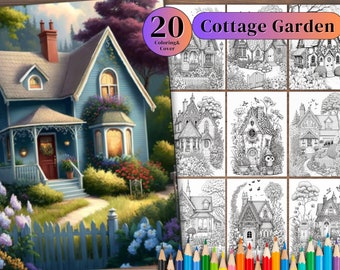 20 Cottage in a Garden Set , Grayscale Coloring Pages for Adults  Printable Pages, Digital Print .