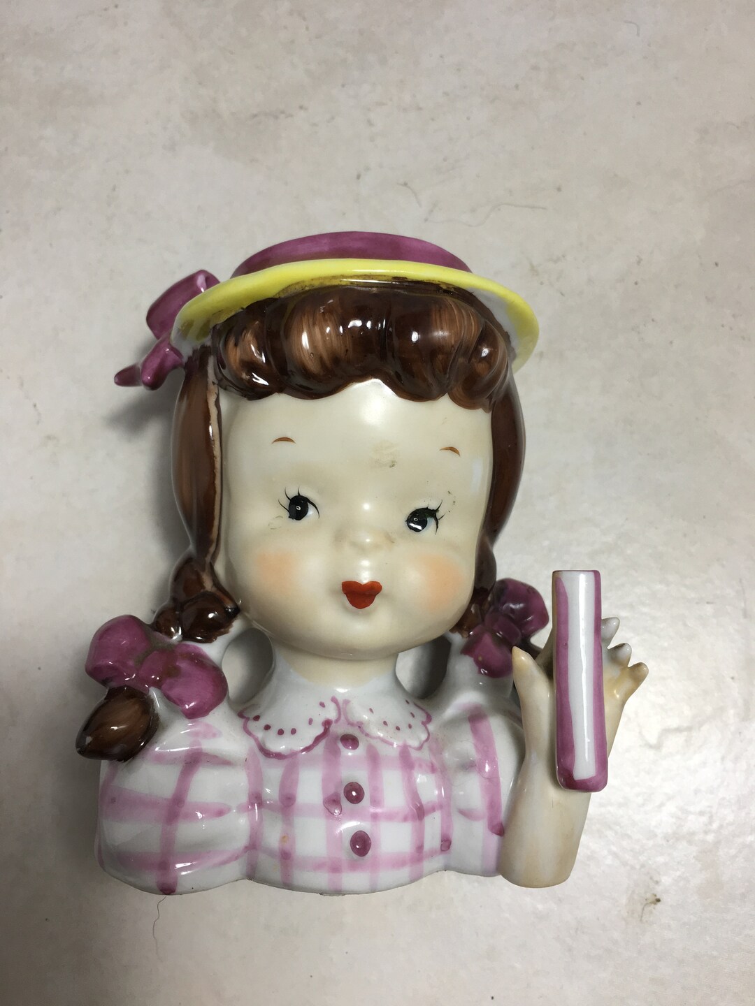 Napco Gingham Girl Head Vase Etsy