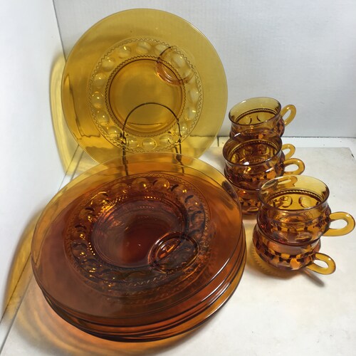 Amber Thumbprint Snack Set of 2 Indiana Glass Kings Crown Etsy