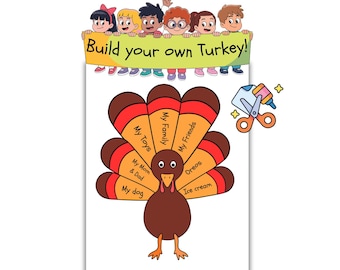 Build your own Turkey Kids Craft. Kids Printable Thanksgiving Craft, DIY Turkey