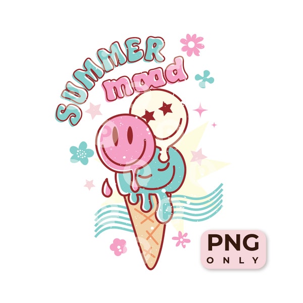 Summer PNG, written in a modern retro font, with ice cream cone of melting smiley faces, stars and flowers. Hippie style. Commercial use.