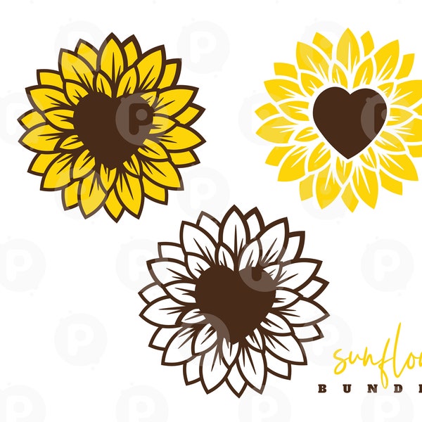 Sunflower with heart core SVG. SVG bundle for all your floral DIY projects. Personal & commercial use allowed. 3 versions of the same design