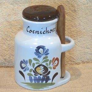 Vintage, französischer Cornichon-Aufbewahrungstopf mit Holzzange