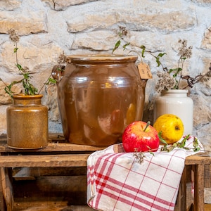 May include: A brown ceramic crock with a tag that reads "Salt Cellar 1897" sits on a wooden crate with a red and white checked cloth. Two apples, one red and one yellow, are on the cloth. A smaller brown ceramic jar and a white ceramic jar with dried flowers are also on the crate.