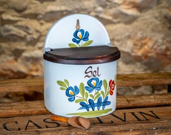 Vintage, French, Ceramic, Hand-Painted, Salt Pot with Hinged Lid, Sel