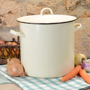 Pode incluir: Uma panela grande de esmalte creme com tampa e alças laterais. A panela está sobre um pano xadrez azul e branco, com cebolas, cenouras e outros vegetais por perto. Uma parede de tijolos rústica forma o fundo.