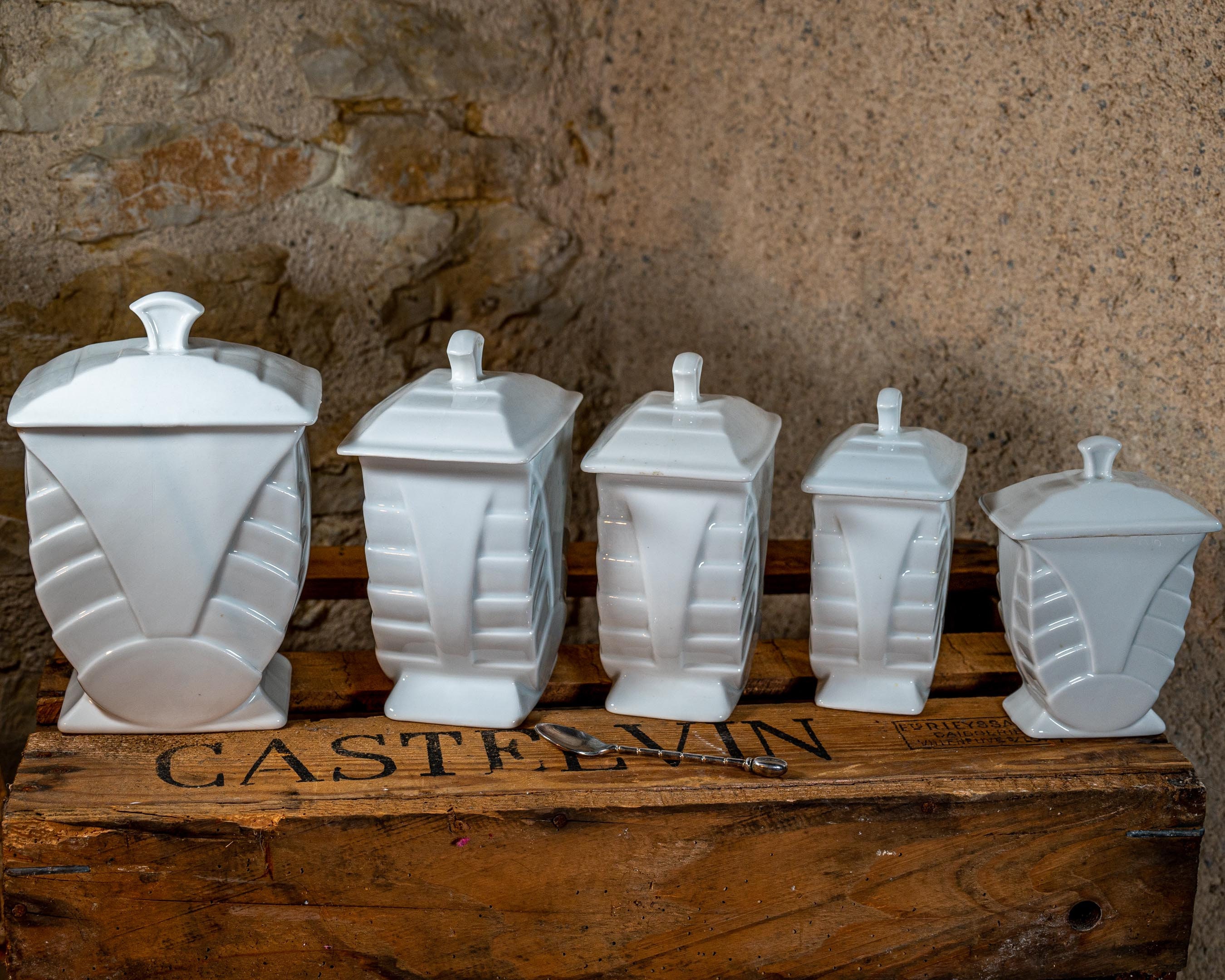 pots de rangement en porcelaine vintage français, ensemble cinq cannisters