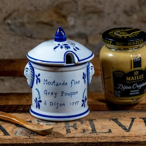 Vintage French Faience Mustard Pot for &#39;Grey Poupon a Dijon 1777&#39;