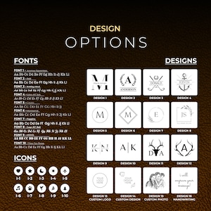 May include: A design options chart for personalised leather coasters. The chart shows different font styles, icons, and design templates. The designs include initials, names, a golf club, an anchor, a deer, and a tree. The chart also includes options for custom logos, designs, and photos.