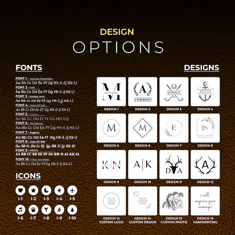 May include: A design options chart for personalised leather coasters. The chart shows different font styles, icons, and design templates. The designs include initials, names, a golf club, an anchor, a deer, and a tree. The chart also includes options for custom logos, designs, and photos.