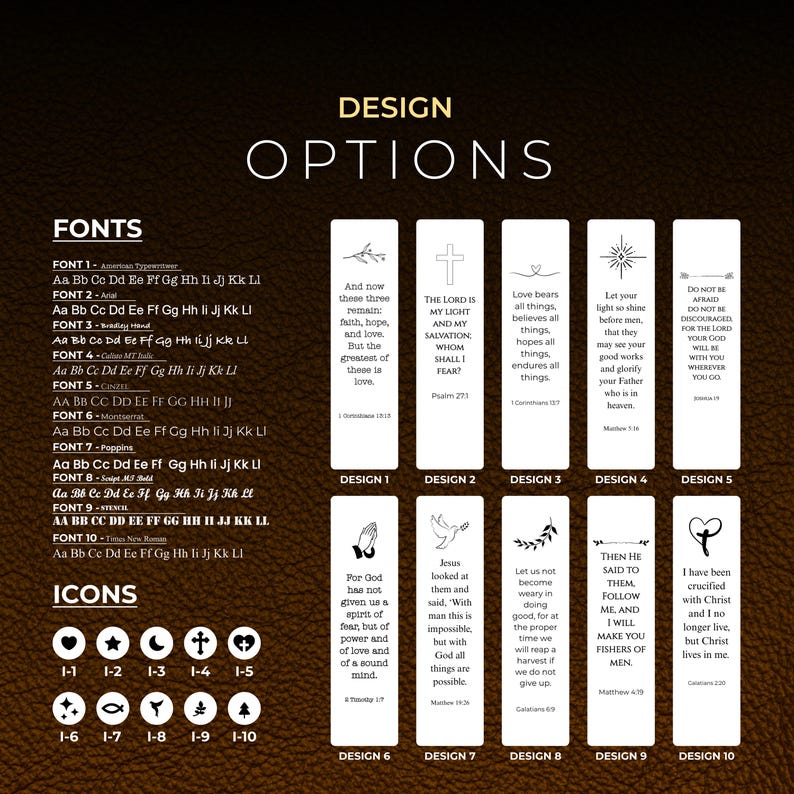 K&ouml;nnte beinhalten: Bild mit Designoptionen f&uuml;r personalisierte Lesezeichen. Enth&auml;lt verschiedene Schriftarten, Symbole und vorgefertigte Vorlagen mit religi&ouml;sen Zitaten. Enth&auml;lt Beispiele f&uuml;r Text- und Designlayouts zur Anpassung.