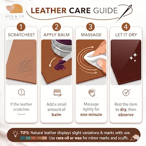K&ouml;nnte beinhalten: Eine Lederpflegeanleitung mit vier Schritten: Kratzer beurteilen, Balsam auftragen, leicht einmassieren und trocknen lassen. Die Anleitung enth&auml;lt Text und Illustrationen in Braun-, Beige- und Lilat&ouml;nen. Das Auer & Co. Logo ist oben links.