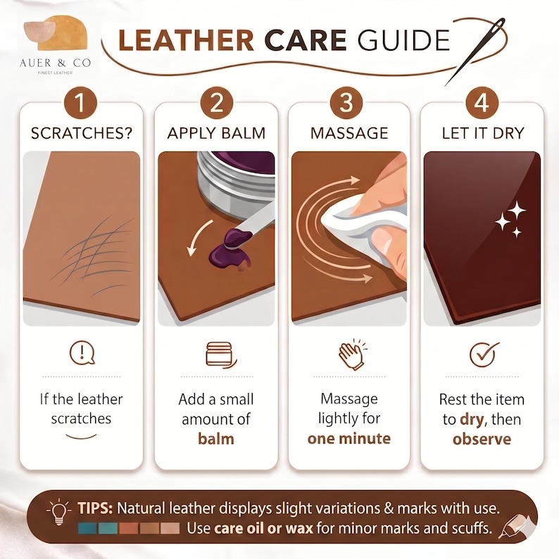 K&ouml;nnte beinhalten: Eine Lederpflegeanleitung mit vier Schritten: Kratzer beurteilen, Balsam auftragen, leicht einmassieren und trocknen lassen. Die Anleitung enth&auml;lt Text und Illustrationen in Braun-, Beige- und Lilat&ouml;nen. Das Auer & Co. Logo ist oben links.