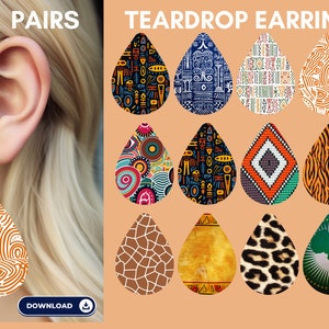 Peut inclure: Douze paires de boucles d'oreilles en forme de goutte d'eau avec différents motifs géométriques colorés. Les boucles d'oreilles sont faites d'un matériau qui ressemble au cuir. Les motifs comprennent des imprimés animaliers, des motifs abstraits et des motifs africains traditionnels.