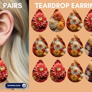 Boucles d'Oreilles Teardrop Sublimation, Design Floral 3D - 4 Images PNG, Tendance Mode, Pack Imprimable