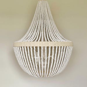 Large Empire chandelier, white wood bead, farmhouse lighting, 4-light, dimmable lighting, two tier