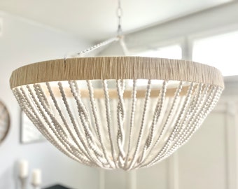 Wood bead chandelier, inverted dome, farmhouse lighting, pendant light, white chandelier