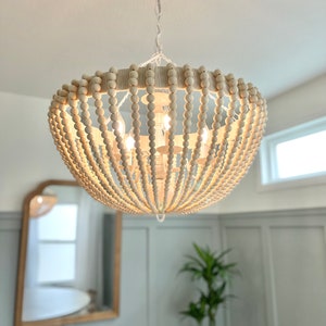 pendant light, inverted dome, boho wood bead chandelier, 3 light, 5 light