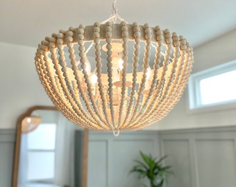 pendant light, inverted dome, boho wood bead chandelier, 3 light, 5 light