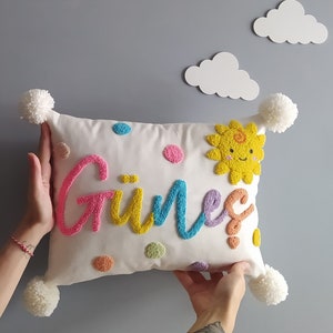 Custom Name Punch Embroidery Sun Pattern Colorful Nursery Pillow Case with Pompoms, Baby Gift Idea, Newborn Gift