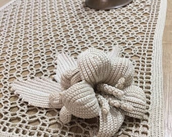 Hand Crochet Lace Table Runner: 3D Floral Beige Doily