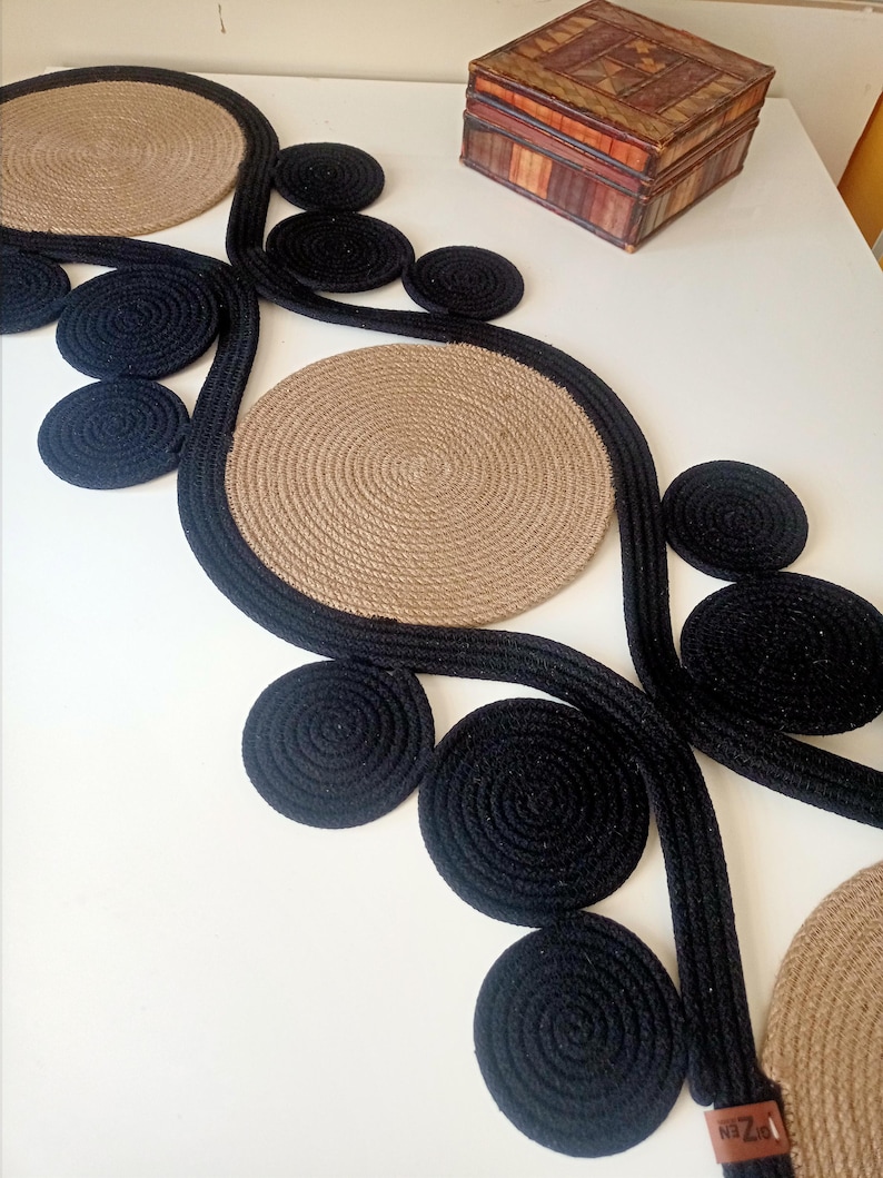 Table Runners Rope Jute and Black Rope Table Runner - Abstract Geometric Modern Runner ...