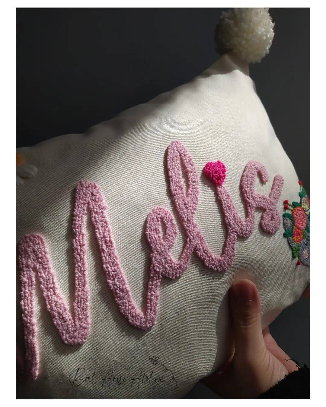 Embroidery Baby Name Pillow, Punch Needle Custom Name Pillow Case, Embroidery Cat Face, Floral