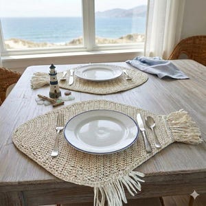 Set de table poisson raphia écru tissé à la main - tapis de table de cuisine côtier - décoration bohème de maison de plage