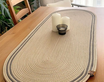 Handwoven Jute Oval Table Runner: Modern Gray Edge Centerpiece